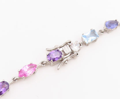 925 Sterling Silver Vintage Necklace Multi Gemstone Tennis Link Chain  NE4899