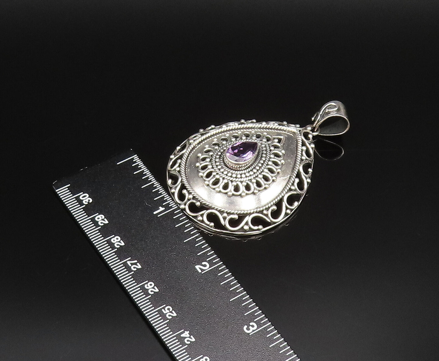 925 Sterling Silver  Vintage Openwork Pear Shaped Amethyst Pendant  PT21715