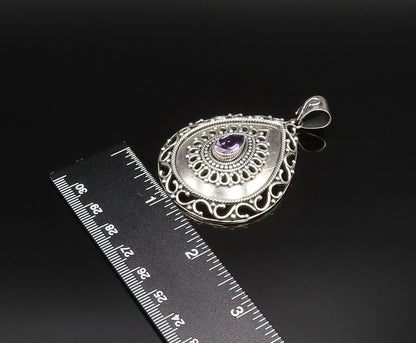 925 Sterling Silver  Vintage Openwork Pear Shaped Amethyst Pendant  PT21715