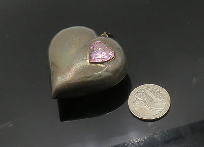 925 Silver  Vintage Pink Cubic Zirconia Heavy Love Heart Pendant  PT16478