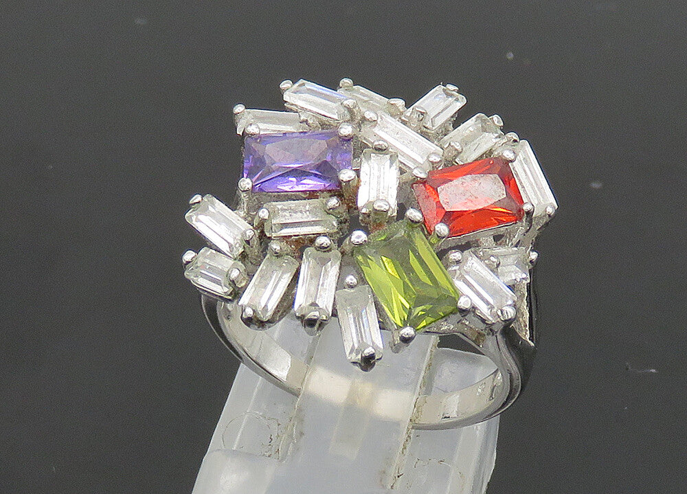 925 Silver Vintage Cubic Zirconia & Multi Stone Cocktail Ring Sz 6.5 RG20809