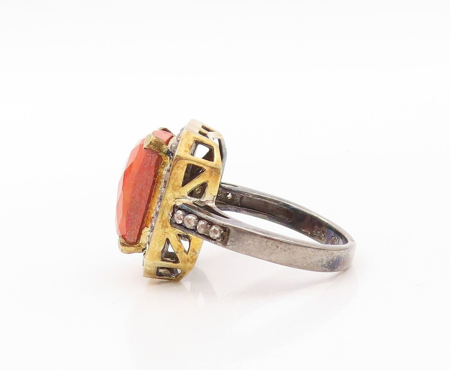 925 Sterling Silver Vintage Ring Square Orange Gemstone & Diamonds Sz 7  RG30180