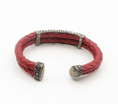 ESPO 925 Silver  Vintage Swirl Detail Red Leather Woven Cuff Bracelet  BT6501