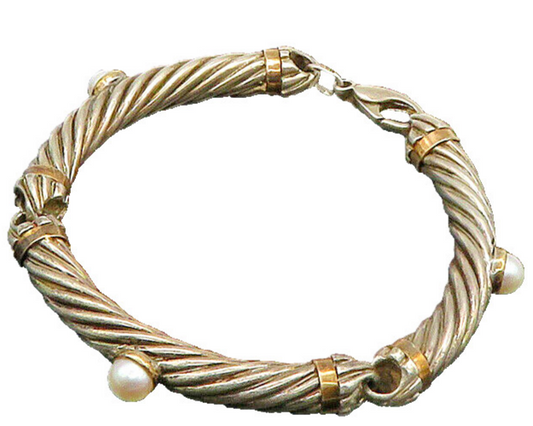 925 Silver & 14K GOLD  Vintage Cultured Pearls Twist Chain Bracelet  BT9083