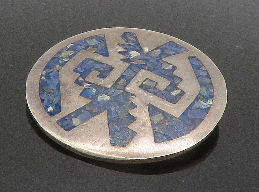 MEXICO 925 Sterling Silver  Vintage Inlaid Blue Turquoise Brooch Pin  BP5896