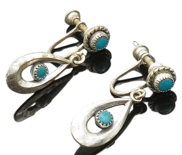 SOUTHWESTERN 925 Silver Vintage Turquoise Non Pierce Dangle Earrings EG10364