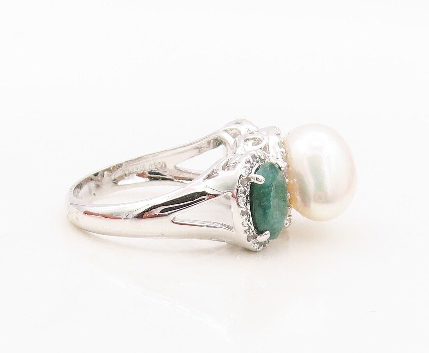 925 Sterling Silver Vintage Ring Diamonds Pearl & Gemstone Inlay  Sz 8  RG30492