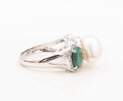 925 Sterling Silver Vintage Ring Diamonds Pearl & Gemstone Inlay  Sz 8  RG30492
