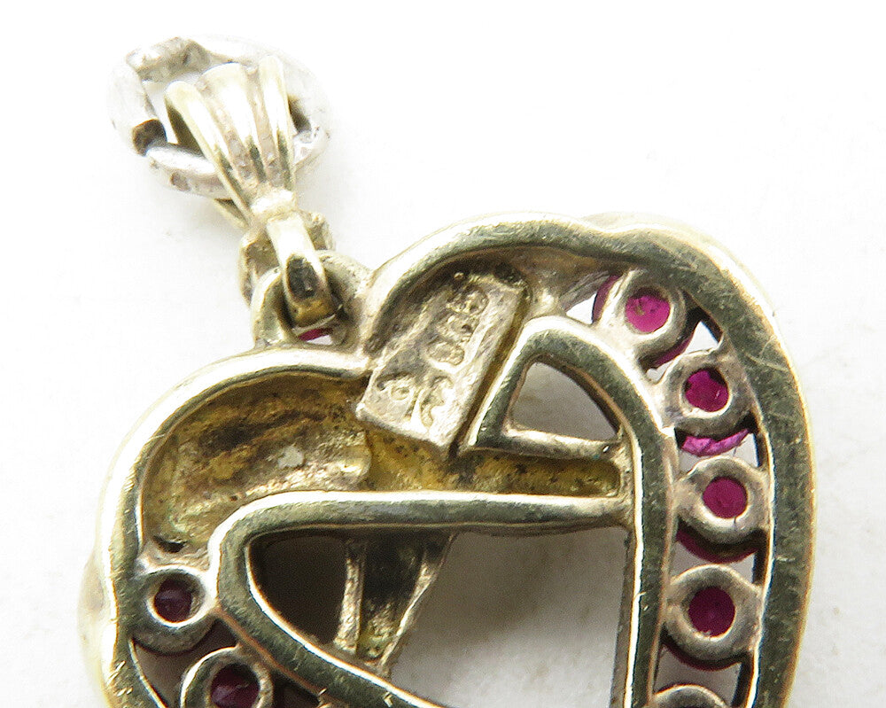 925 Sterling Silver Vintage Ruby Gold Plated Love Heart Drop Pendant PT9892