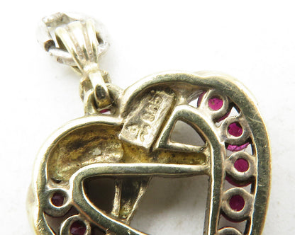 925 Sterling Silver Vintage Ruby Gold Plated Love Heart Drop Pendant PT9892