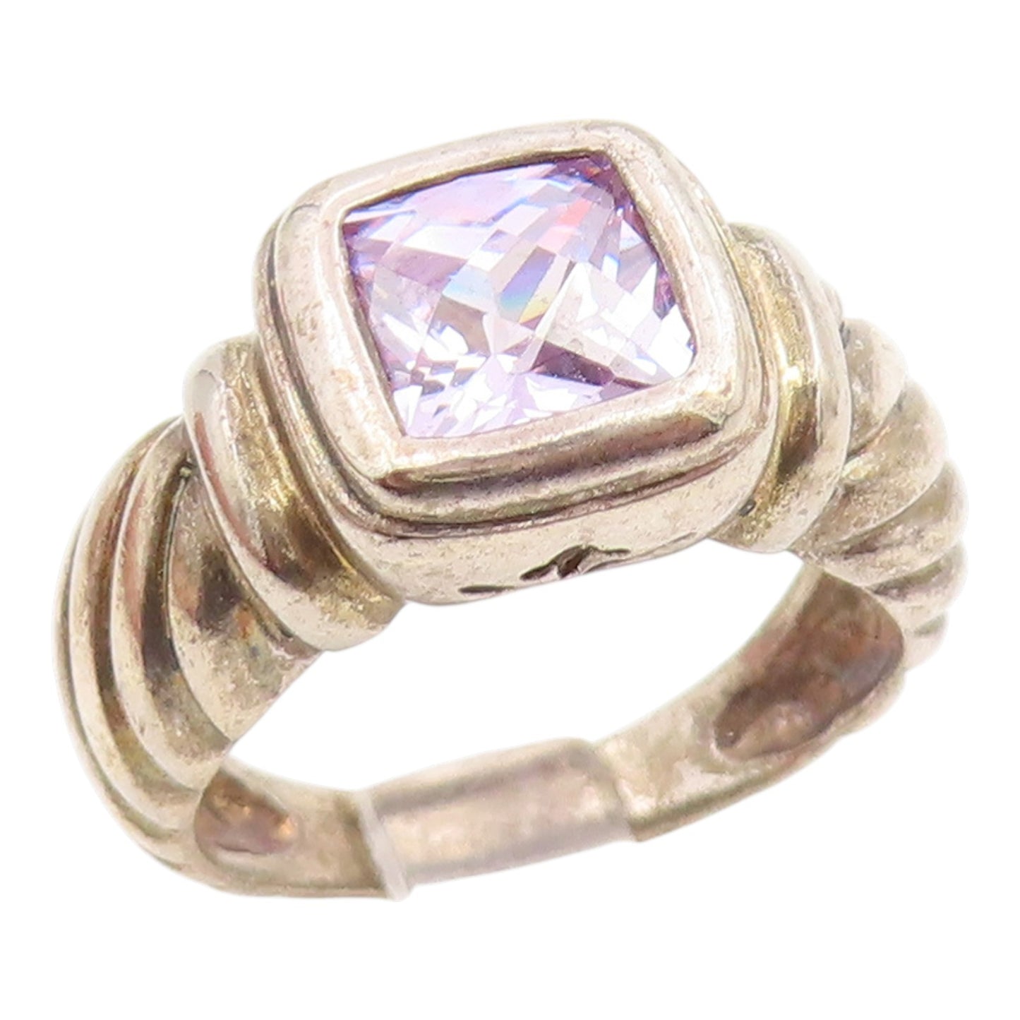 925 Sterling Silver Vintage Ring Modernist Amethyst Ribbed Band  Sz 7  RG35661