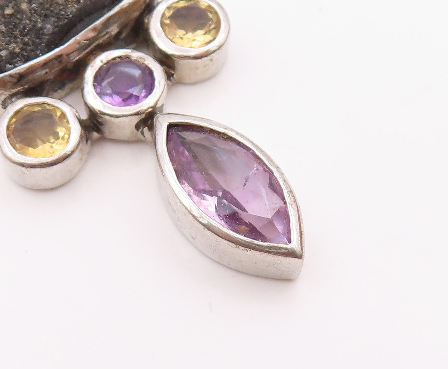 925 Sterling Silver  Vintage Amethyst Citrine & Druzy Hinge Pendant  PT17992