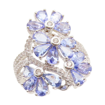 925 Sterling Silver Vintage Ring Tanzanite & CZ Floral Design Band Sz 7 RG33882