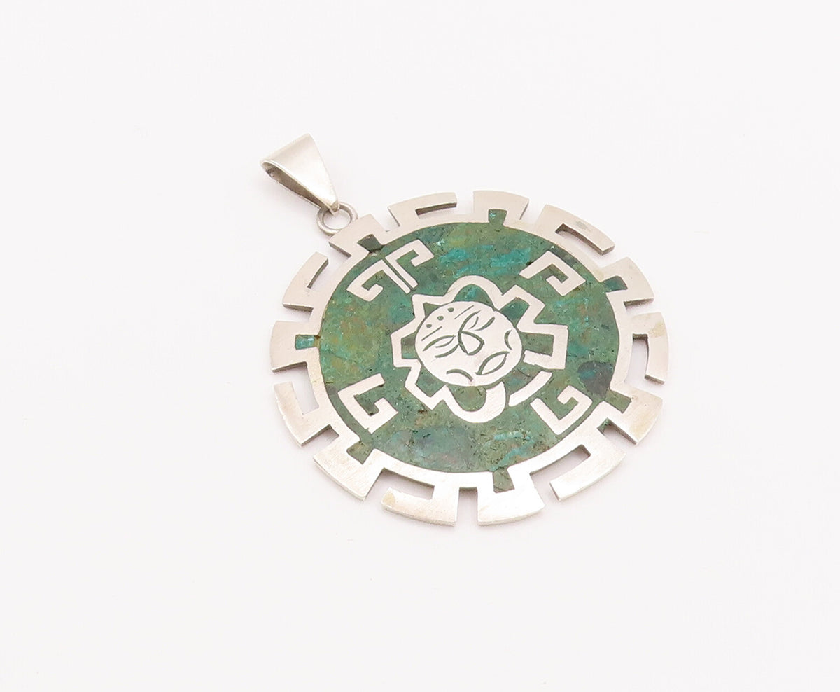925 Sterling Silver Vintage Pendant TAXCO Carved Sun Inlay Turquoise  PT23116