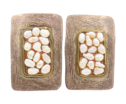 925 Sterling Silver Vintage Earrings Designer Amorphas Rectangle Pearls  EG13408