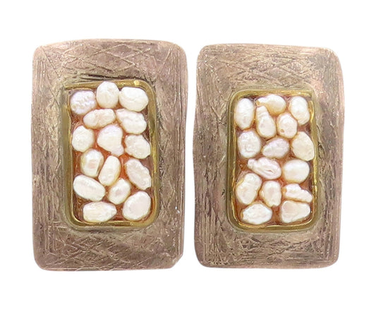 925 Sterling Silver Vintage Earrings Designer Amorphas Rectangle Pearls  EG13408