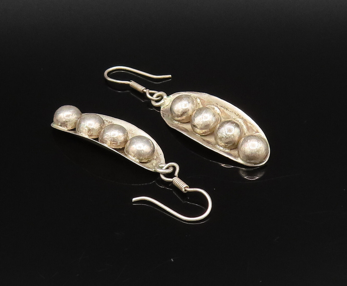MEXICO 925 Sterling Silver Vintage Four Bead Leaf Ball Dangle Earrings EG12202