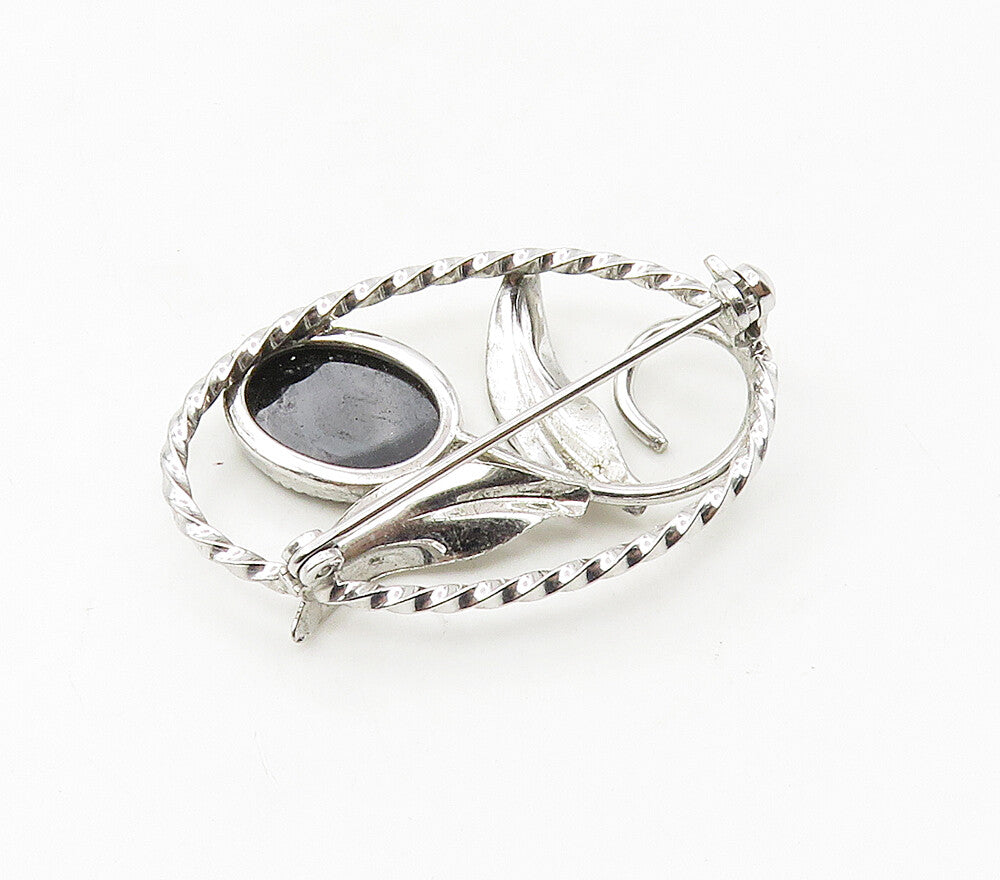 925 Sterling Silver  Vintage Black Onyx Shiny Flower Twist Brooch Pin  BP6571