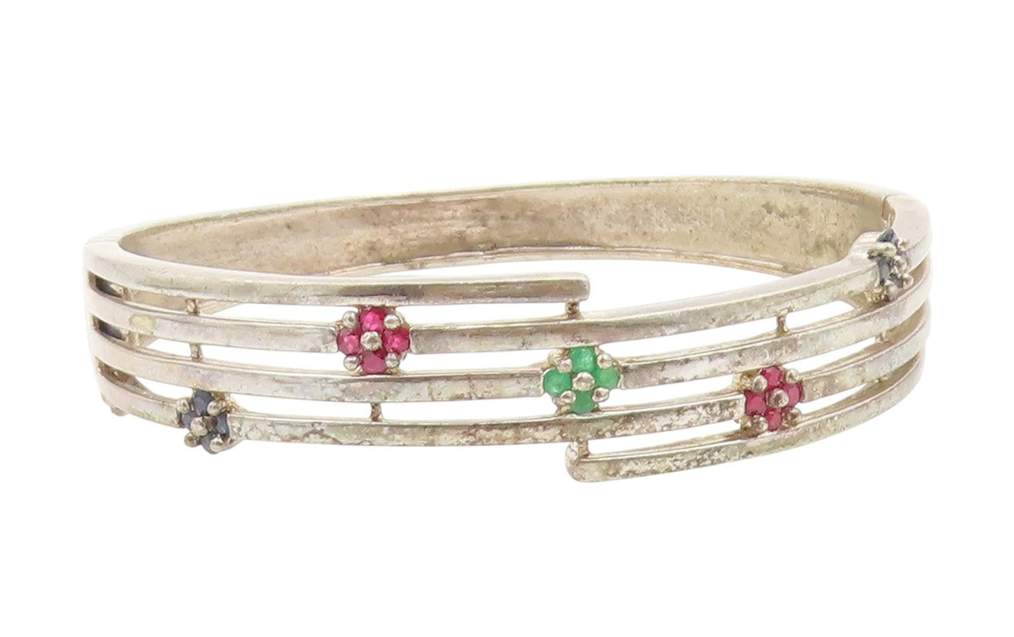 925 Sterling Silver Vintage Bracelet Sapphire Ruby Emerald Floral Bangle BT11799