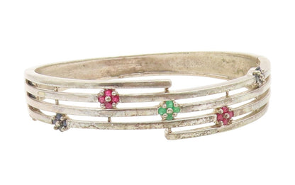 925 Sterling Silver Vintage Bracelet Sapphire Ruby Emerald Floral Bangle BT11799