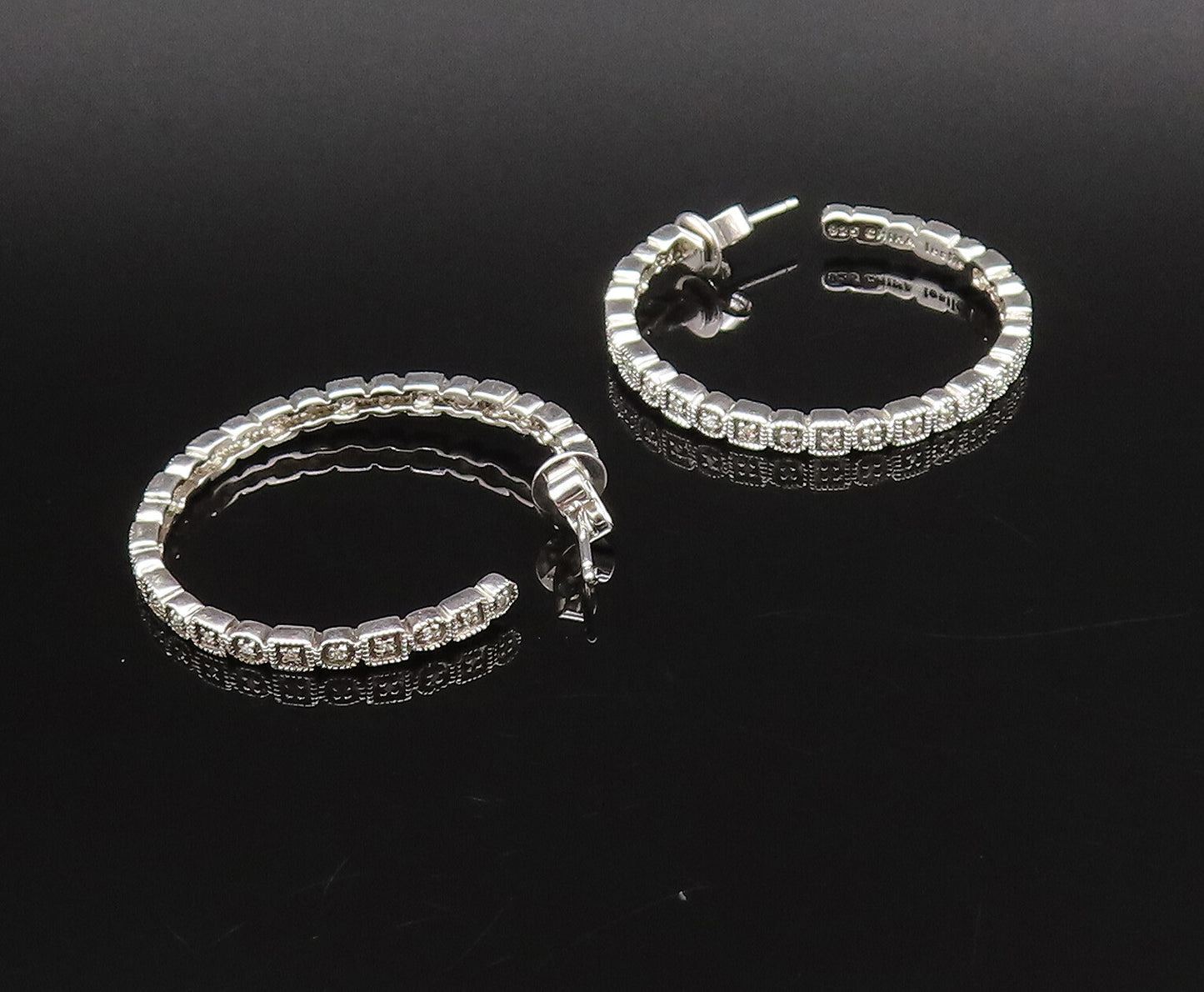 925 Silver  Vintage Genuine Diamonds Square & Round Pattern Earrings  EG12180