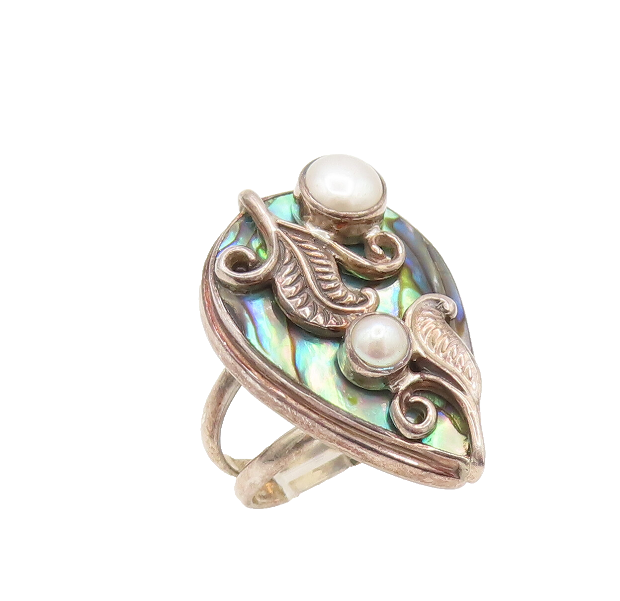 MERAV 925 Silver  Vintage Freshwater Pearls & Abalone Leaf Ring Sz 7  RG26259