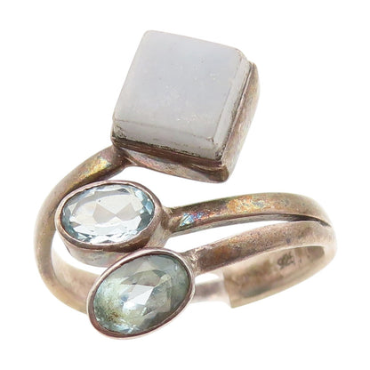 925 Sterling Silver Vintage Ring Blue Topaz & Gemstone Bypass Band Sz 8 RG34633