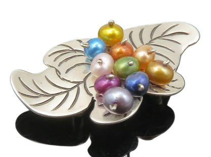 925 Sterling Silver Multi Color Pearl Beads Floral Leaf Slide Pendant PT9682