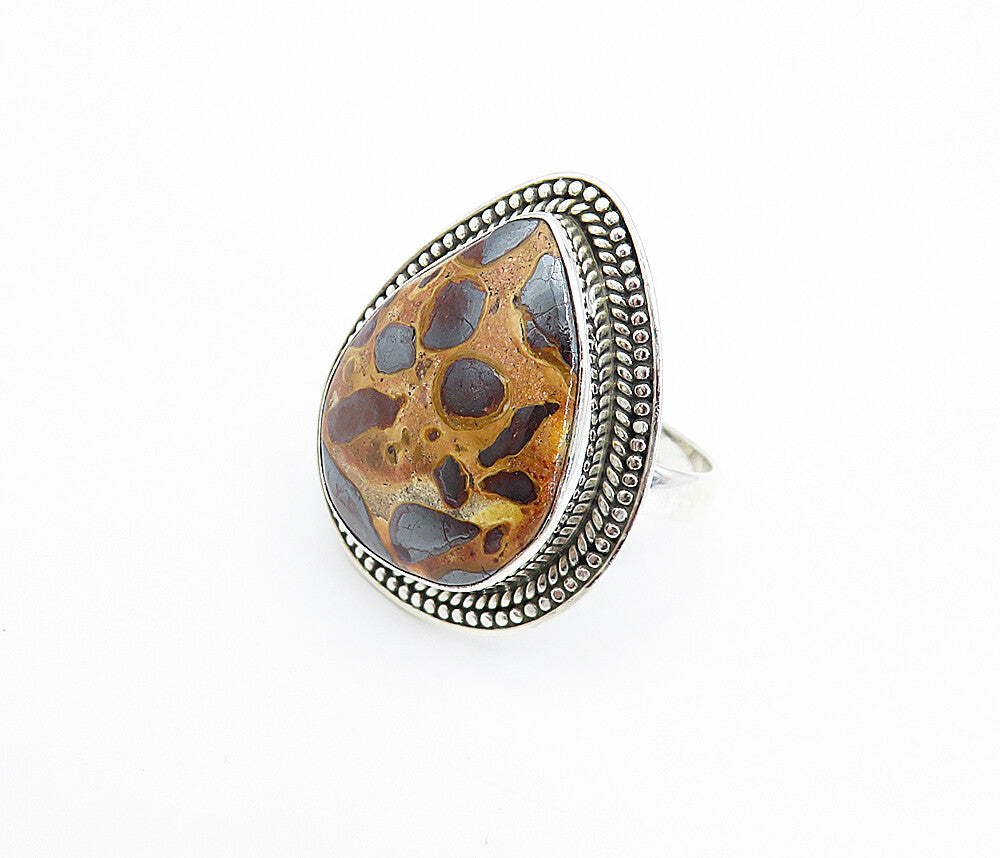 925 Sterling Silver  Brown Spotted Jasper Shiny Cocktail Ring Sz 9  RG7993