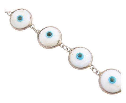 925 Sterling Silver Vintage Bracelet White Evil Eye Enamel Bead Link  BT11821