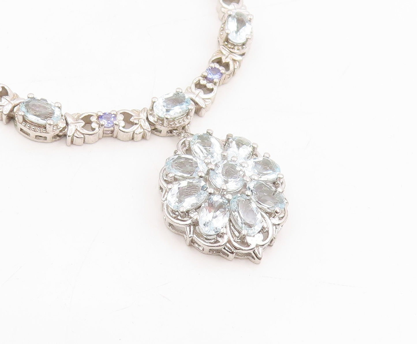 925 Sterling Silver Vintage Pendant Tanzanite & Topaz Floral Choker  PT25330