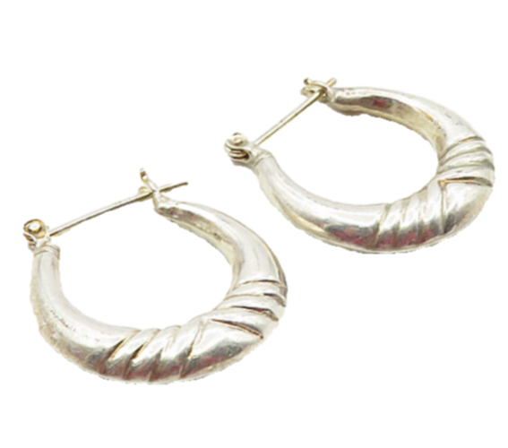 925 Sterling Silver  Vintage Shiny Hollow Fluted Detail Hoop Earrings  EG4722
