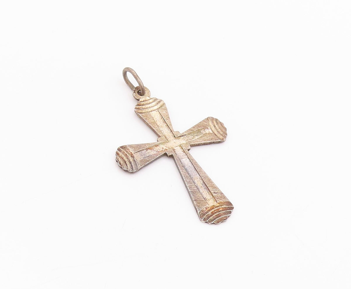 925 Sterling Silver Vintage Pendant Grooved Religious Cross  PT24387