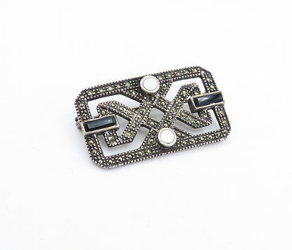 925 Sterling Silver  Vintage Mother Of Pearl & Black Onyx Brooch Pin  BP2331