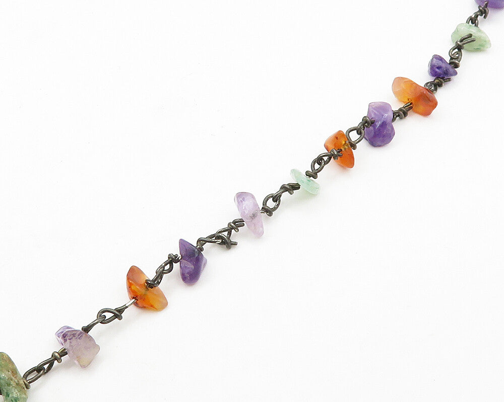 925 Silver  Vintage Amethyst Turquoise & Amber Beaded Chain Necklace  NE3262