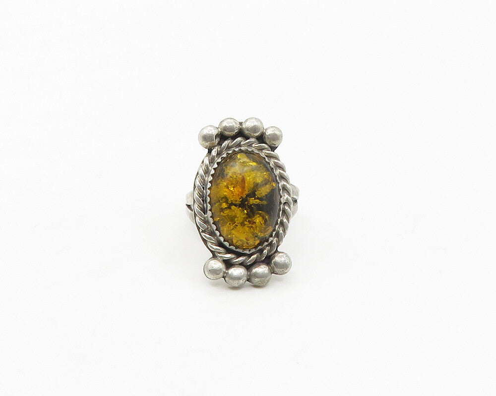 DANIEL MARTINEZ NAVAJO 925 Silver  Vintage Amber Cocktail Ring Sz 7  RG17397