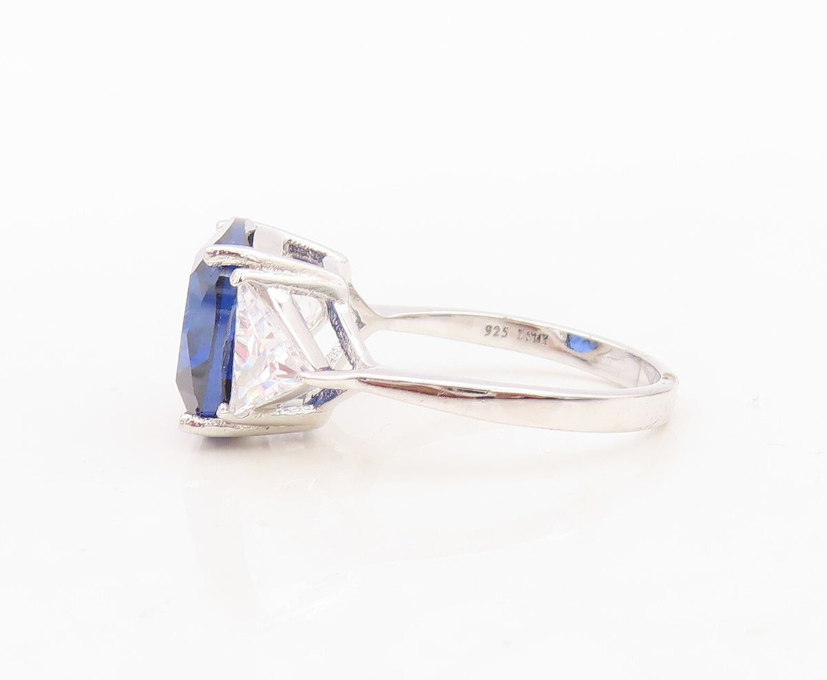 925 Sterling Silver Vintage Ring Square Sapphire & Triangle CZ Sz 7.5  RG30329