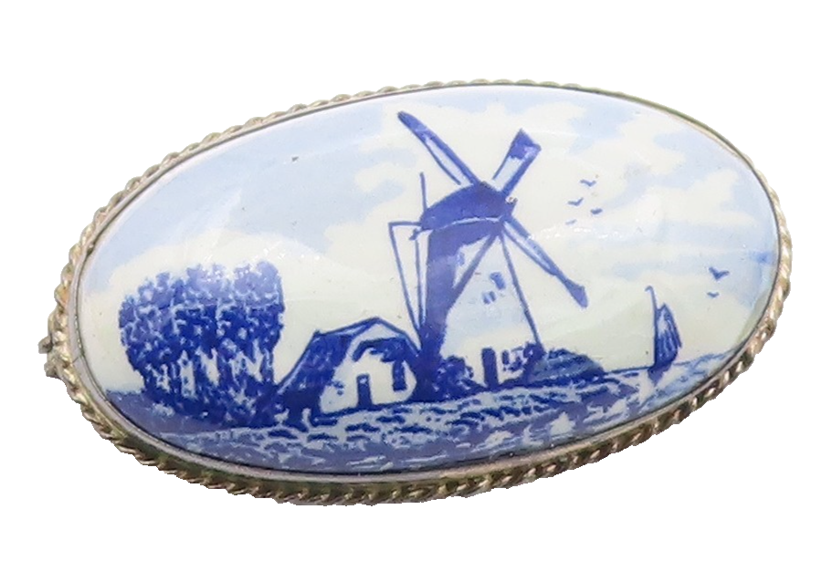 HOLLAND 925 Sterling Silver  Vintage Enamel Windmill Scene Brooch Pin  BP8709