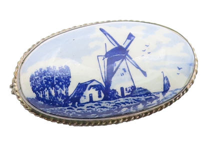 HOLLAND 925 Sterling Silver  Vintage Enamel Windmill Scene Brooch Pin  BP8709