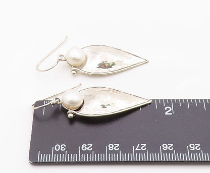 925 Sterling Silver Vintage Earrings ISRAEL Pearl Hammered Teardrop Hook EG14382