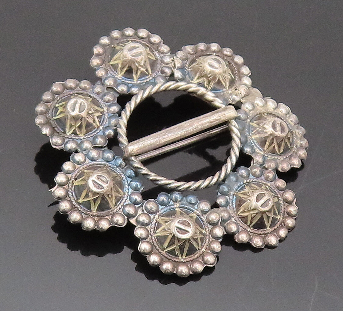 EUROPE 925 Silver  Vintage Antique Beaded Carved Flower Brooch Pin  BP10503