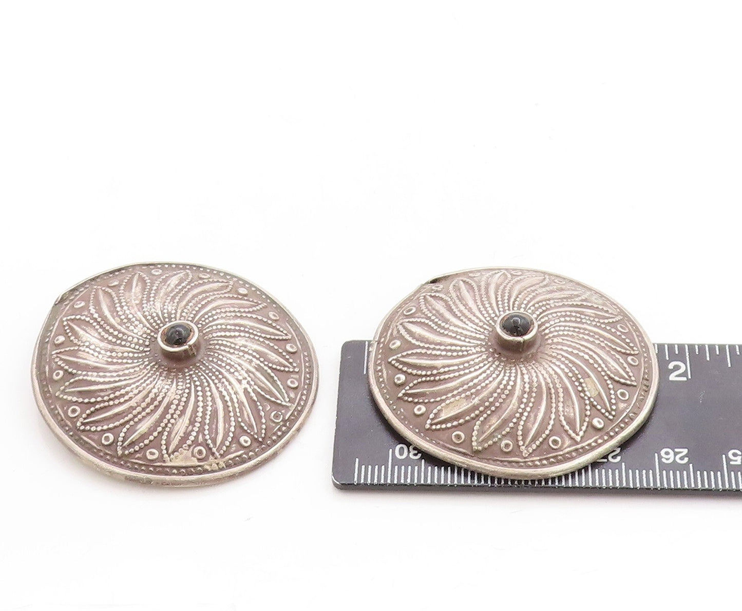 925 Sterling Silver Vintage Earrings SUDHA Dark Tone Carved Onyx Flower EG13272