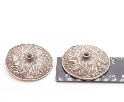 925 Sterling Silver Vintage Earrings SUDHA Dark Tone Carved Onyx Flower EG13272