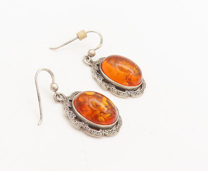 POLAND 925 Silver  Vintage Large Amber Halo Cutout Flower Earrings  EG12594