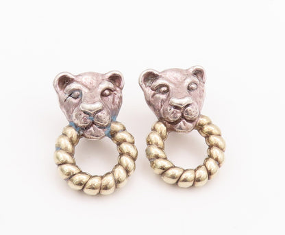 925 Sterling Silver Vintage Earrings Carved Leopard With Ring In Mouth   EG12996