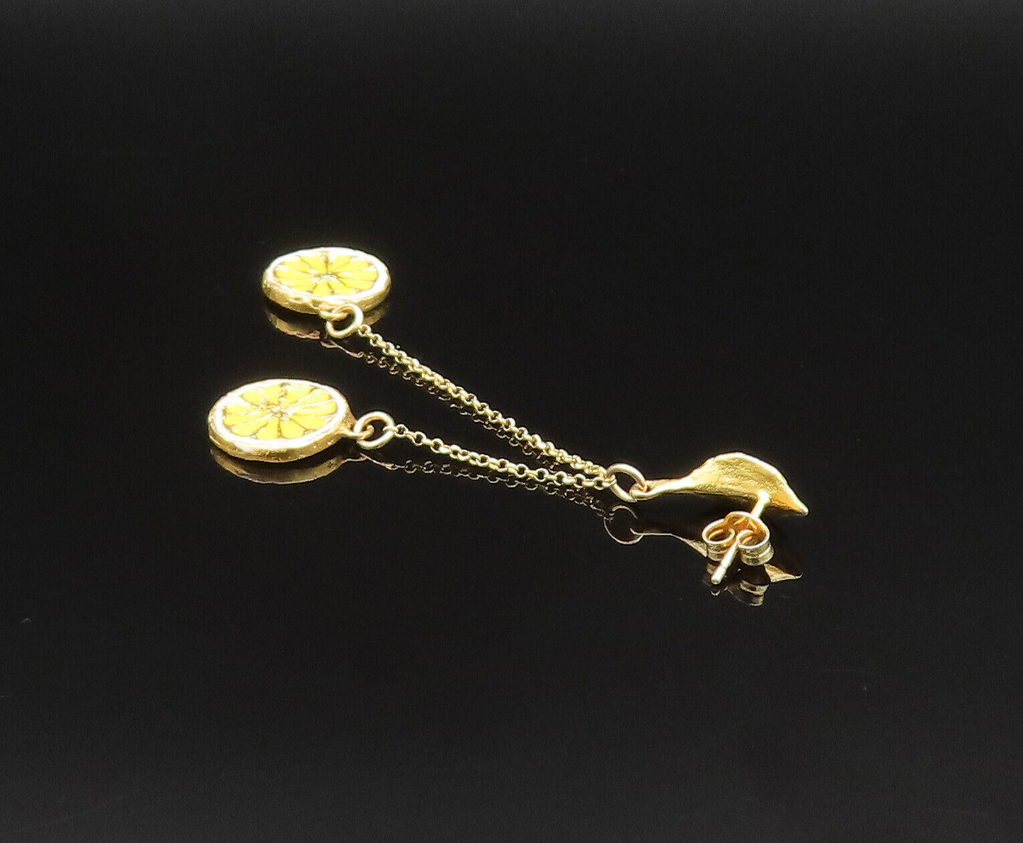 925 Sterling Silver Vintage Enamel Leaf & Lemon Slices Dangle Earrings EG11916