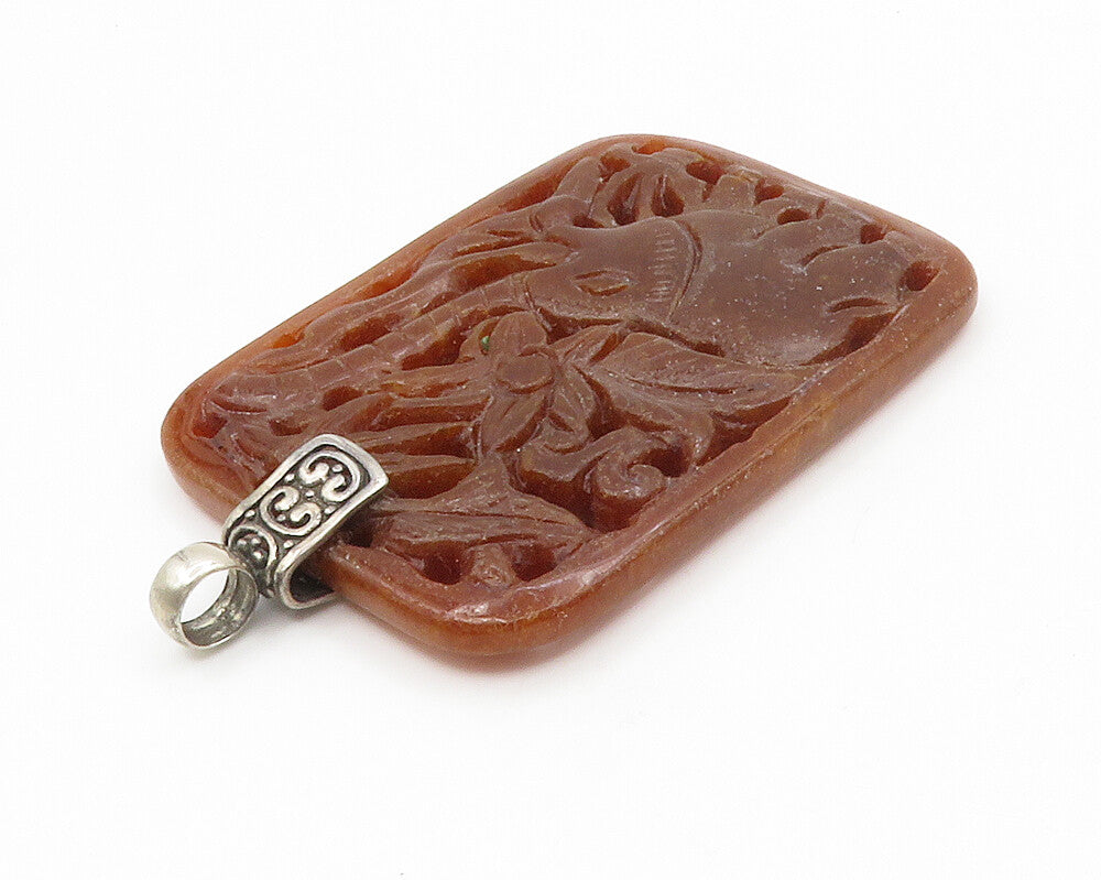 925 Sterling Silver  Vintage Elephant Scene Carved Red Jade Pendant  PT10663