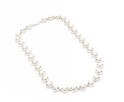 925 Sterling Silver Vintage Necklace White Pearl Elegant Floral Chain  NE4811