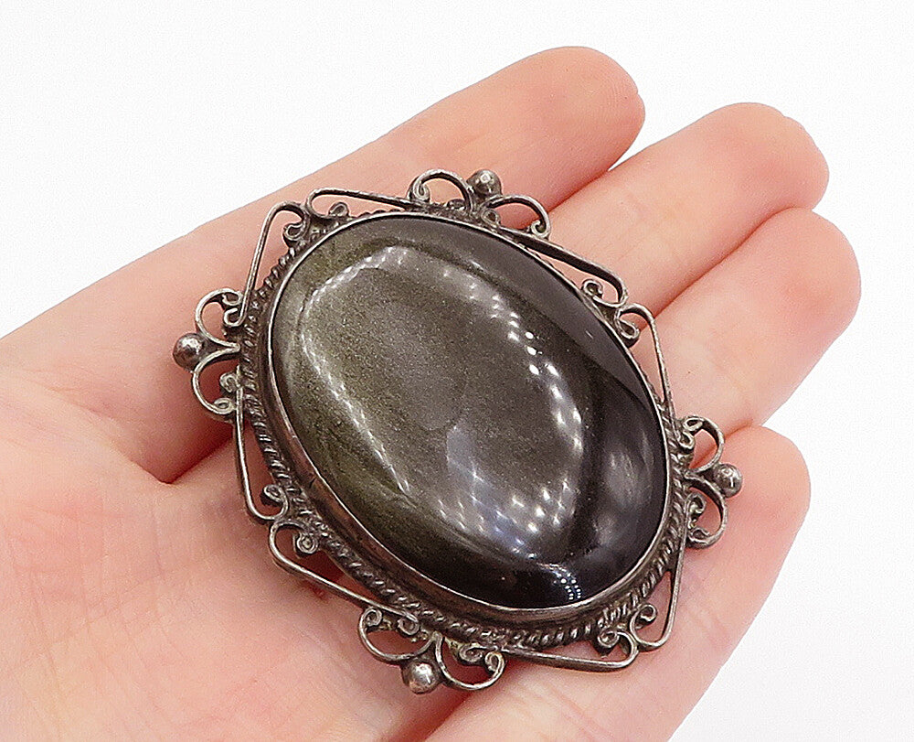 MEXICO 925 Sterling Silver  Vintage Black Onyx Baroque Swirl Brooch Pin BP1686