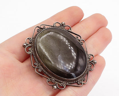 MEXICO 925 Sterling Silver  Vintage Black Onyx Baroque Swirl Brooch Pin BP1686